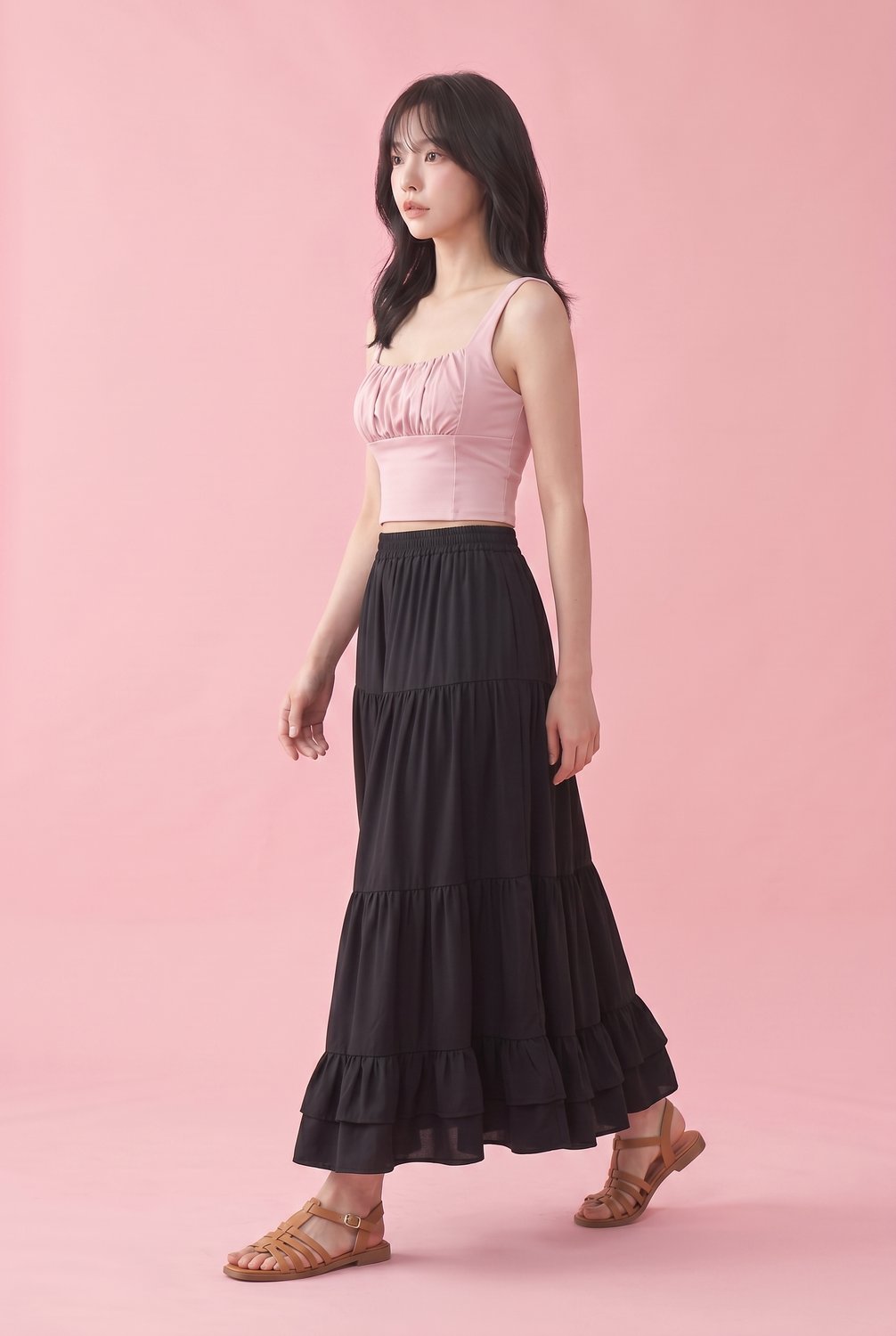 Pink cami and tiered maxi — Korean summer dress look