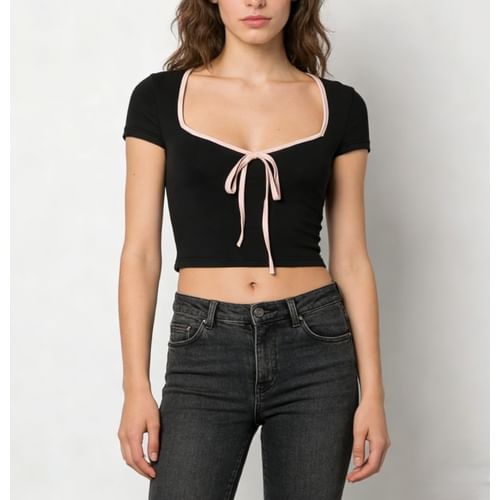 V-Neck Contrast Trim Crop Tee